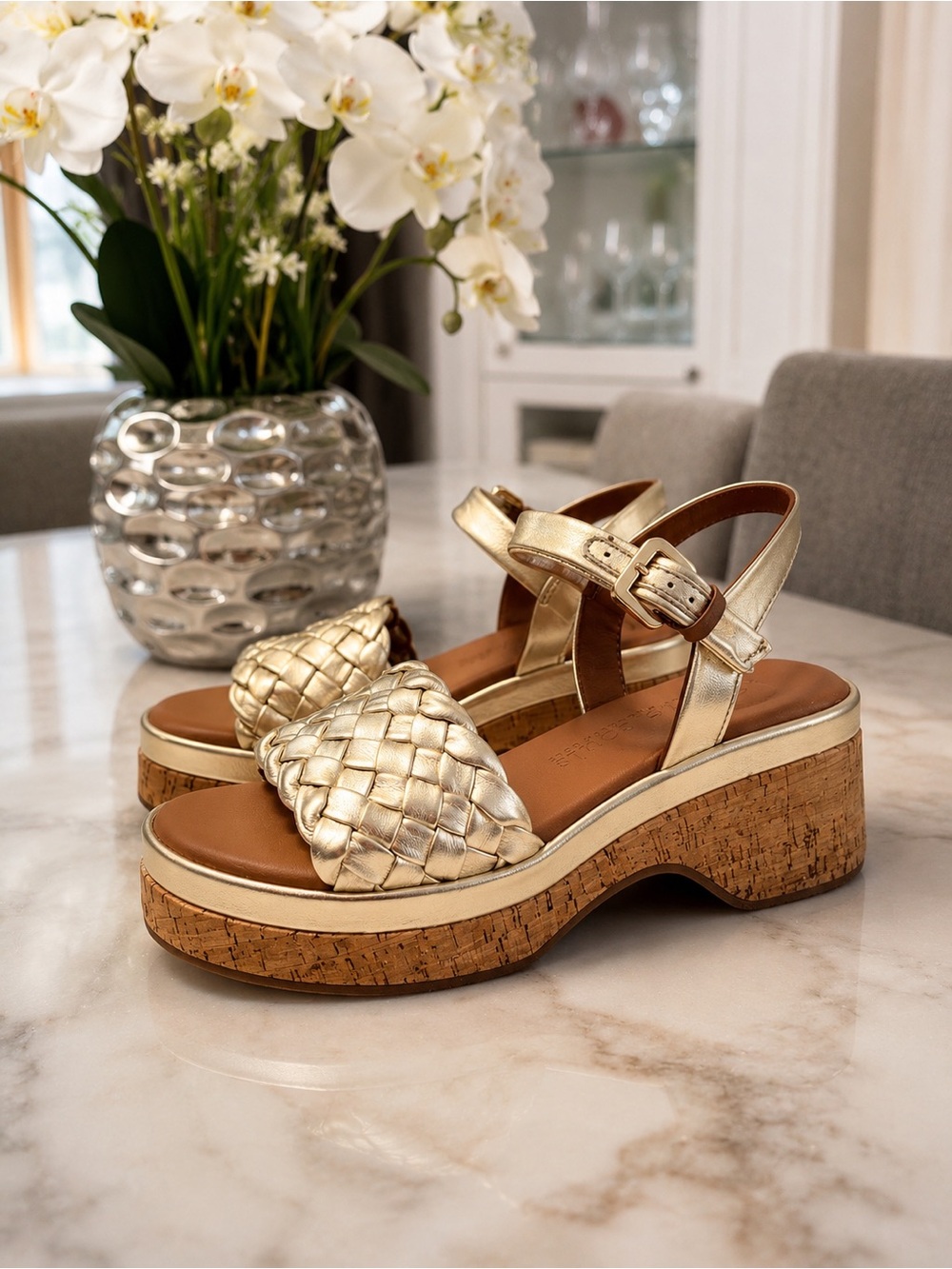 gentle souls Metallic Gold Woven Cork Platform Sandals